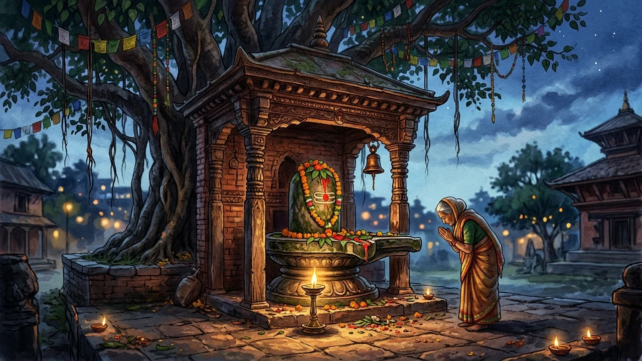 Ancient stone Shiva Lingam of Baneshwor Mahadev under sacred Pipal tree