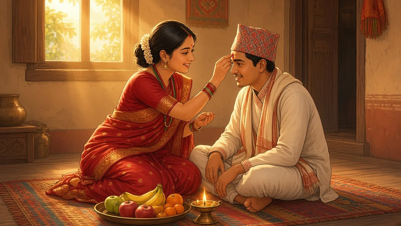 Yamuna puts the mark on Yama's forehead. This is the fifth morning.