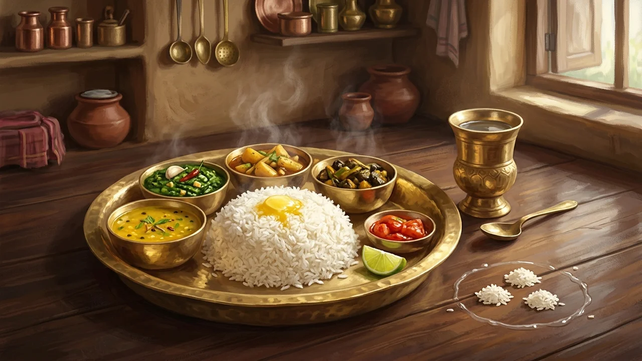 Traditional Nepali brass thali meal with Citrahuti rice pinches and water circle