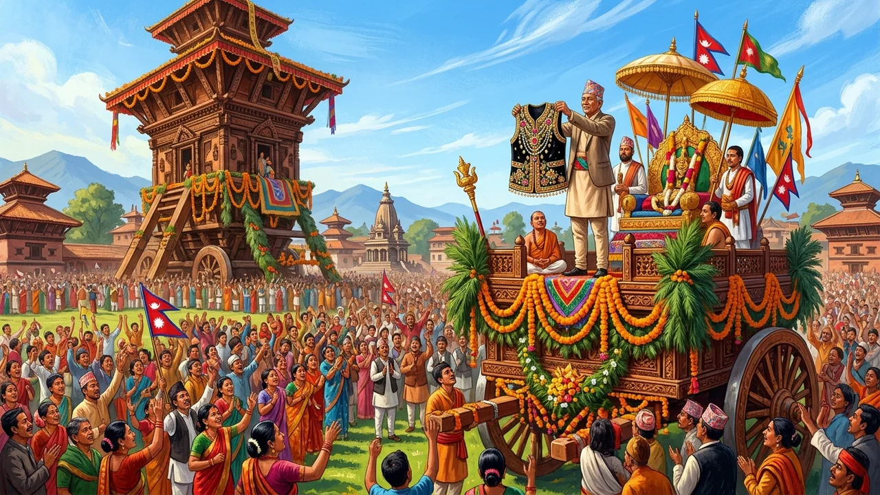 The vest is held up from the chariot, and Kumari watches.