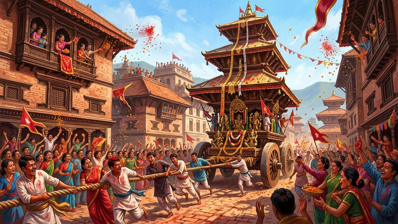 The heavy wooden chariot stands against the brick houses of Bhaktapur.