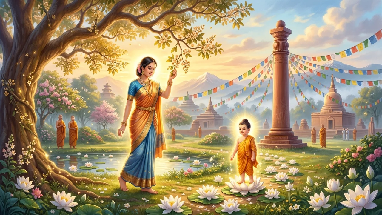 The Mayadevi temple and Ashoka pillar stand in the garden.