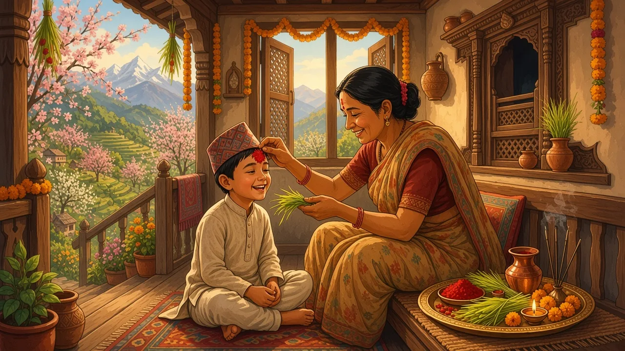 The spring tika is given, and the barley shoots stand by the blossoms.