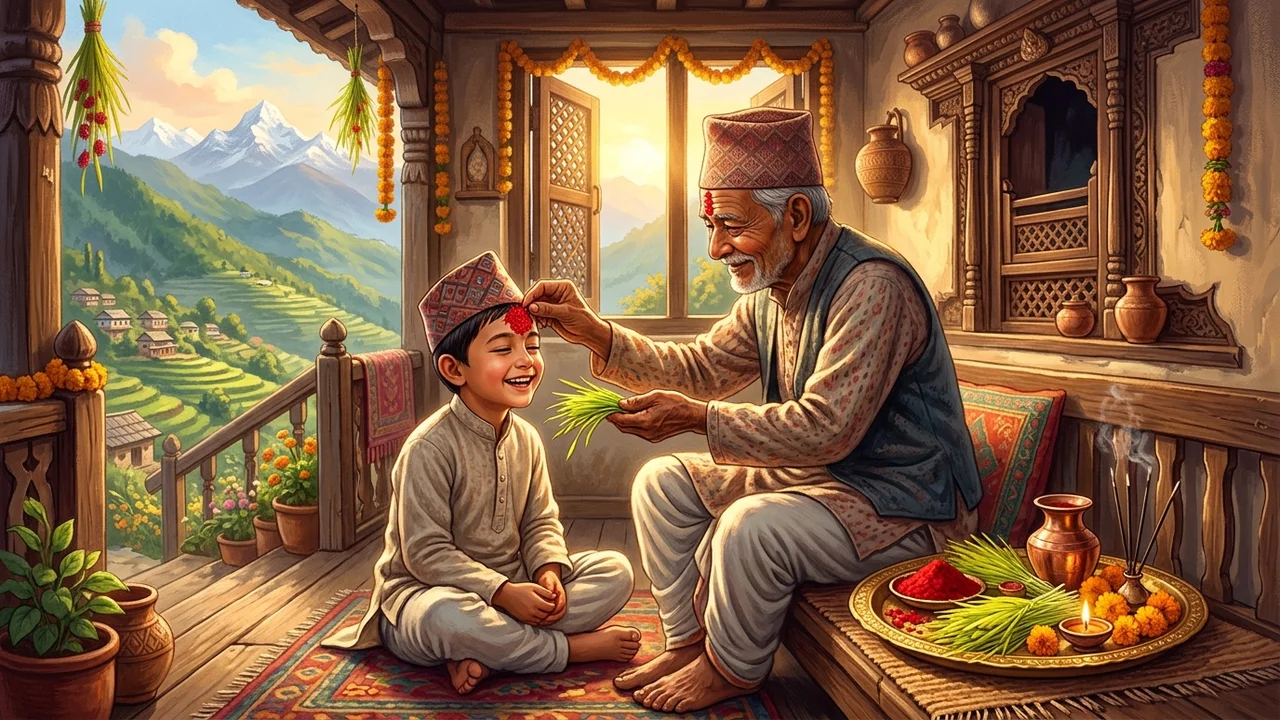 Elder blessing family member with red Dashain tika and jamara barley shoots