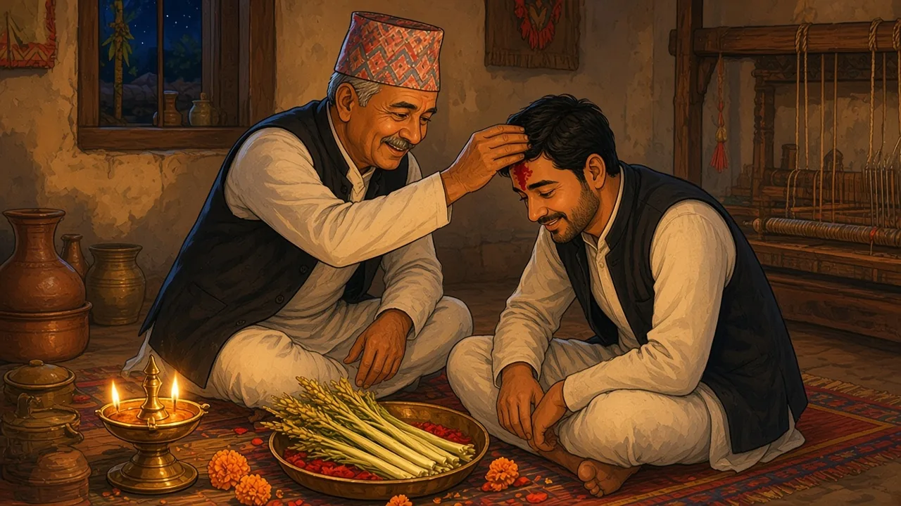 By evening the red tika is darker. The pale shoots grew with no sun.