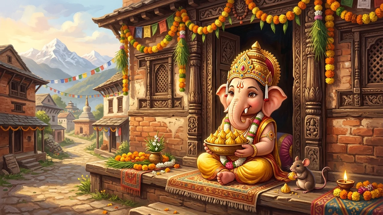 Modak and a lamp are set before Ganesha.
