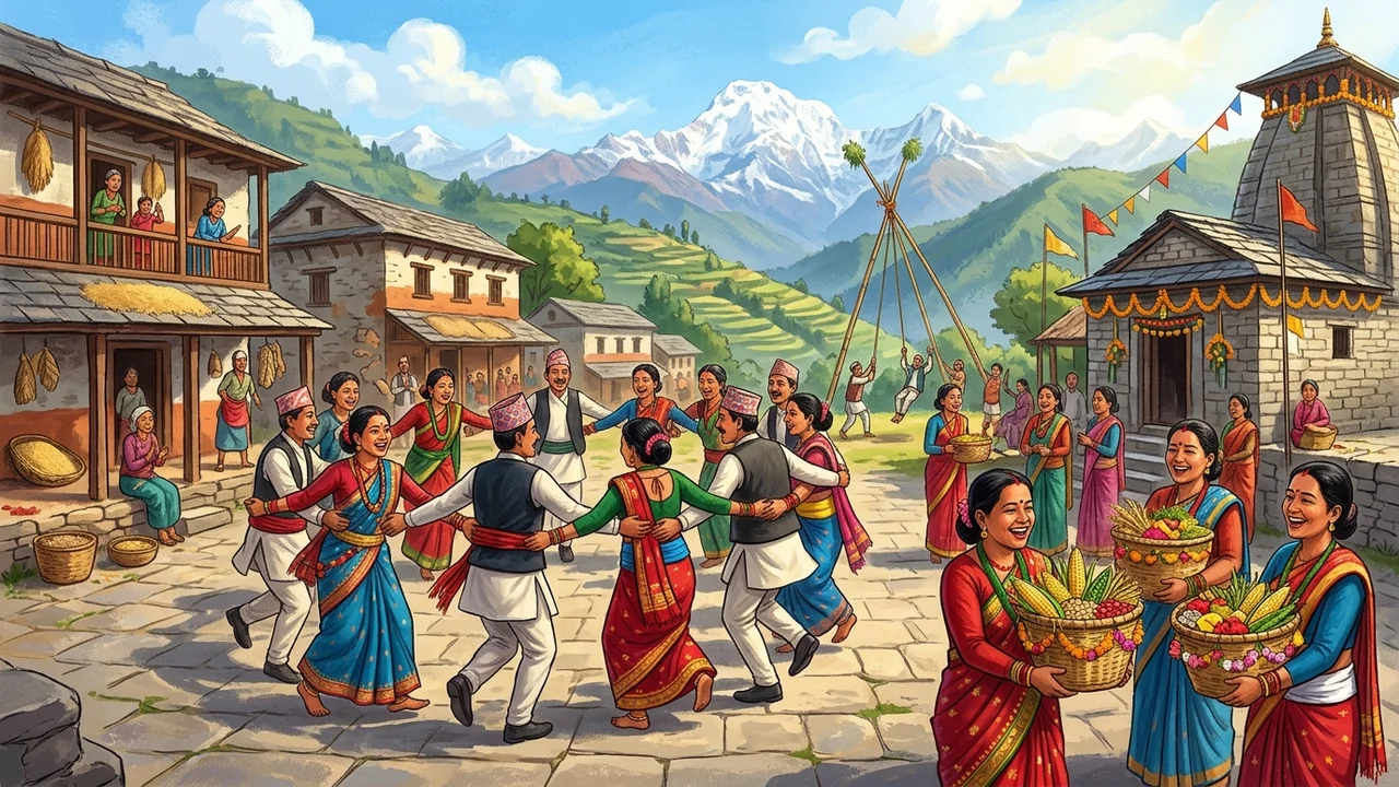 Women carry the basket for Gaura through the far-west village.