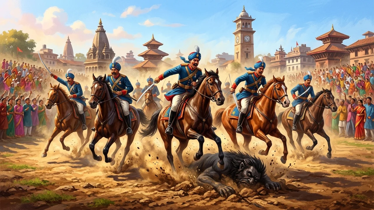Horses race on the field, and the demon waits at the edge.