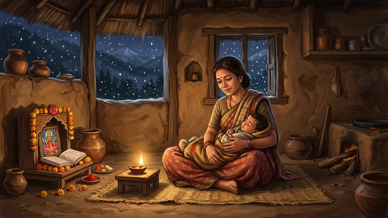 Goma Brahmani cradling infant son Navaraj while keeping her Swasthani vow