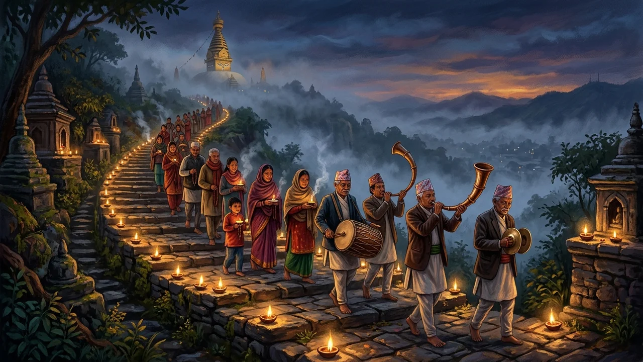 The line of monks walks, and the monsoon cloud is behind them.