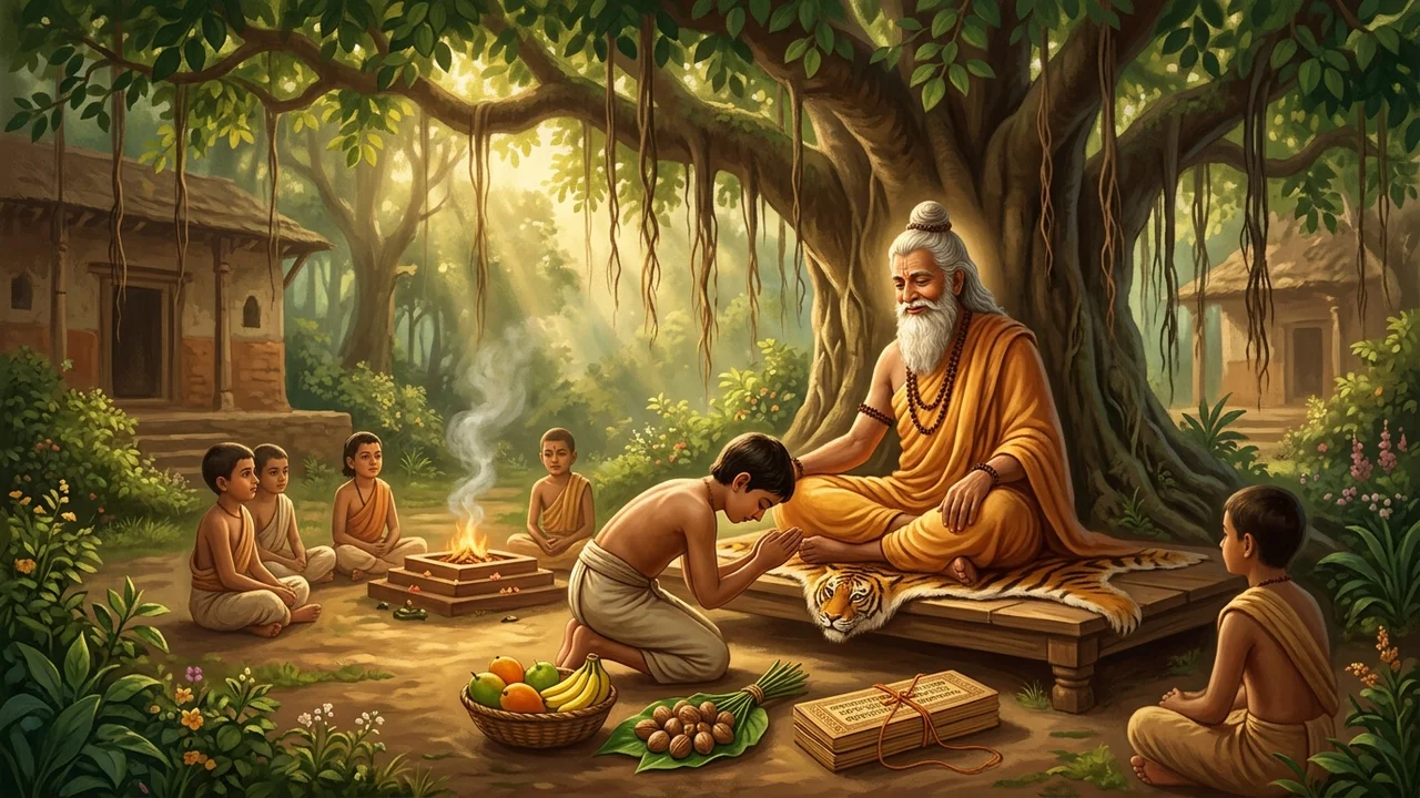 The teacher sits under the tree, and the students bring fruit and cloth.