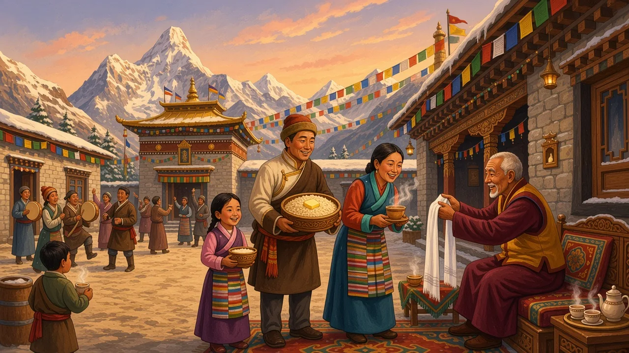 Prayer flags go up, and a white scarf is given.