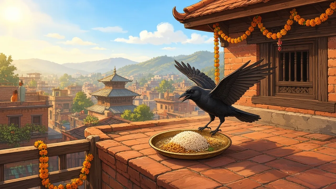 Food is set on the roof for the crow. The crow eats and leaves.