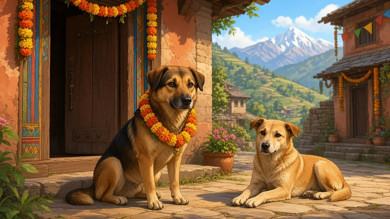 A marigold garland is for the dog at the door, and for the dog in the lane.