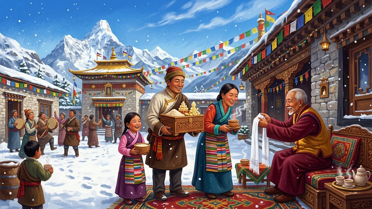 The Gurung dancers turn in a circle, with the mountains behind them.