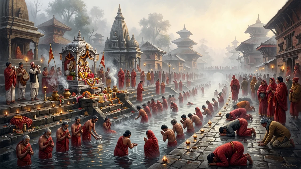 Pilgrims taking holy winter dip in Salinadi river at Sankhu during Madhav Narayan festival