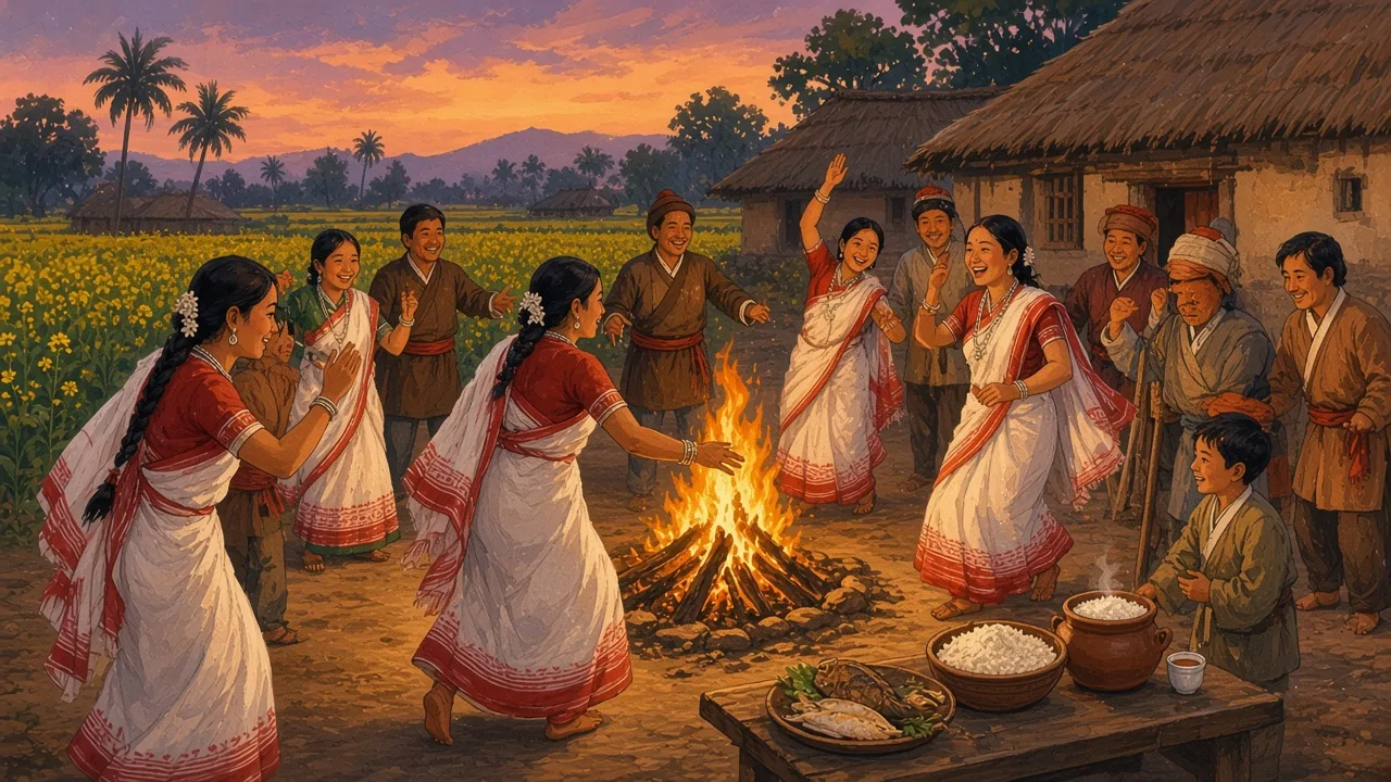 Tharu women dance at the Maghi fire, and the feast is laid out.