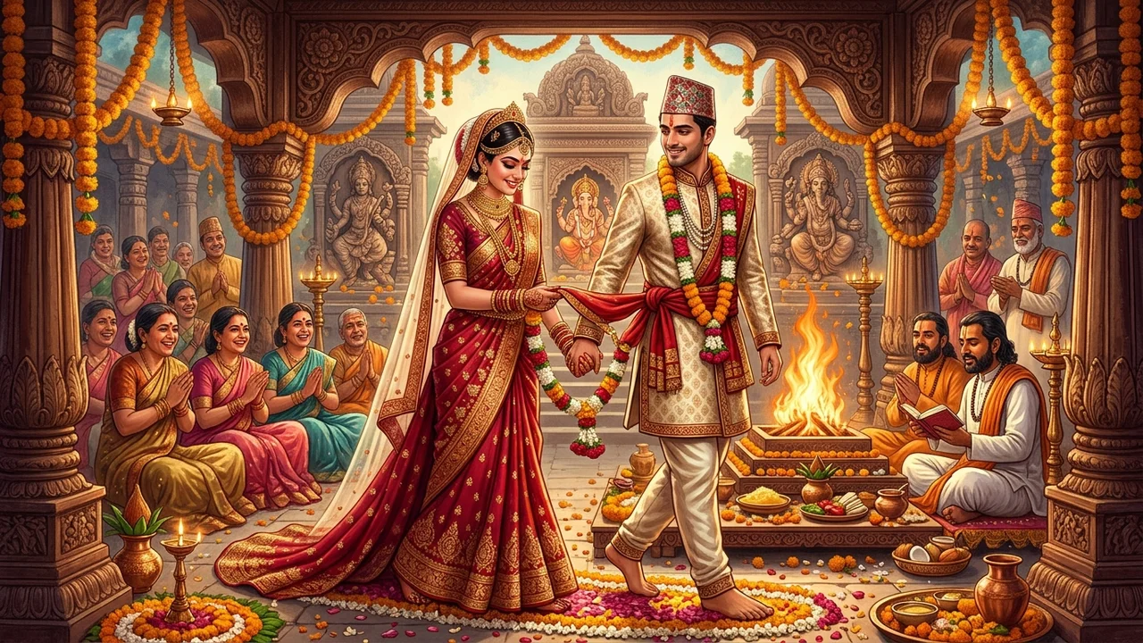 Nepali bride and groom circling the sacred wedding homa fire during Saptapadi