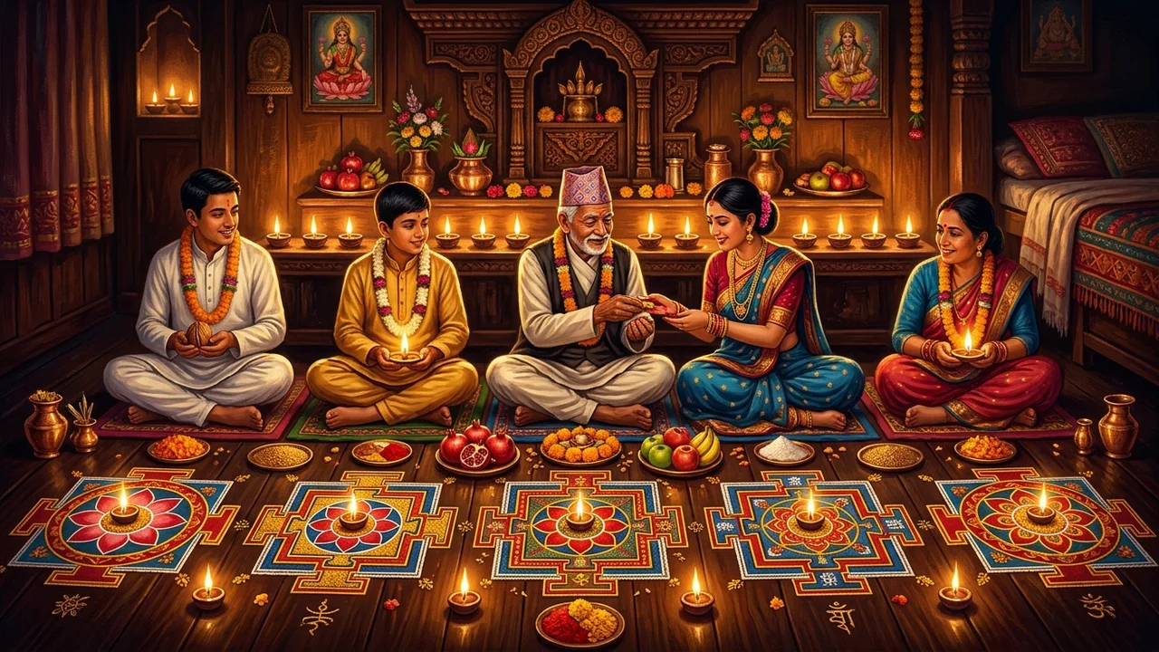 Intricate colored sand mandalas and walnuts during Newar Mha Puja self-worship