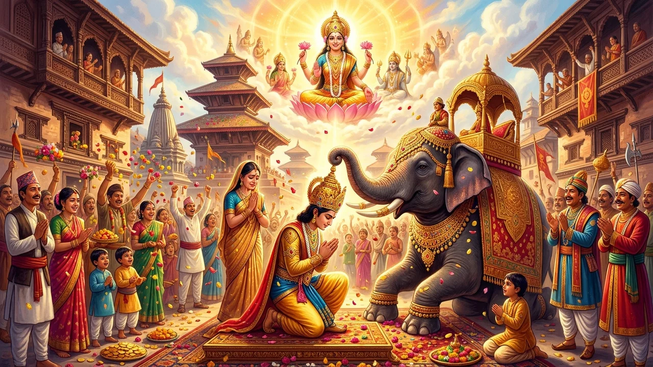 The royal elephant placing the crown upon Prince Navaraj in Lavanya-desha