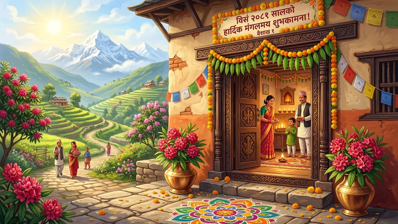 Doorway adorned with mango leaf toran and copper water lotas on Nepali New Year