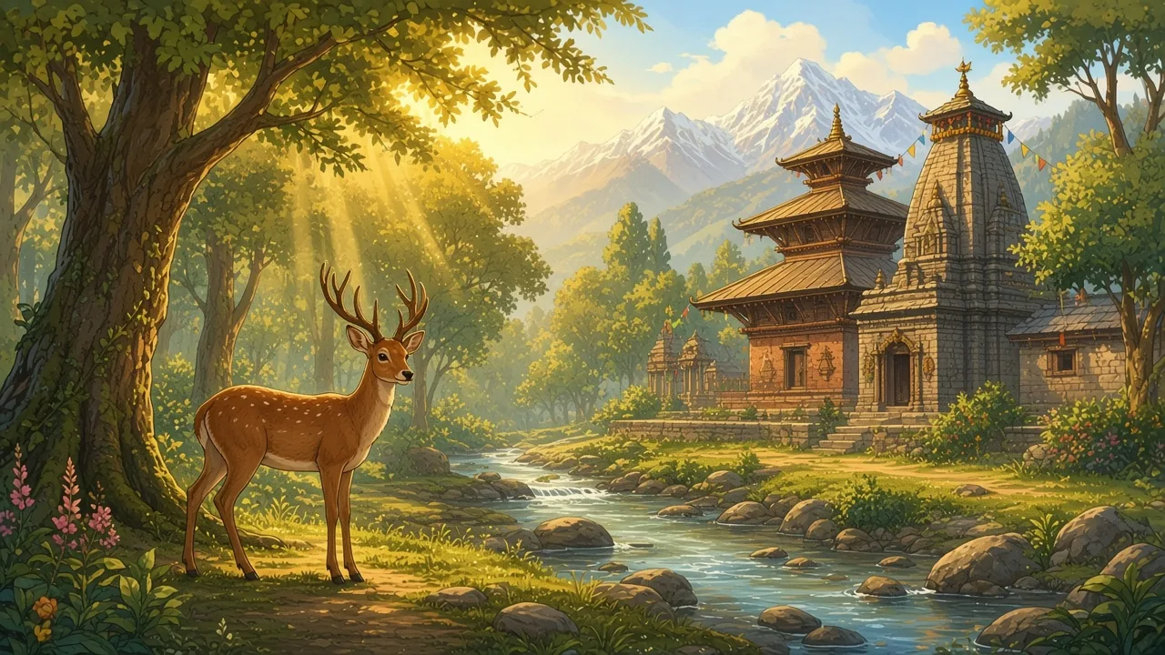 A deer stands in the trees. The god decides to stay.