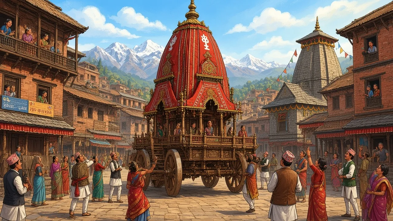 The tall chariot moves through Patan, and the crowd pulls the ropes.