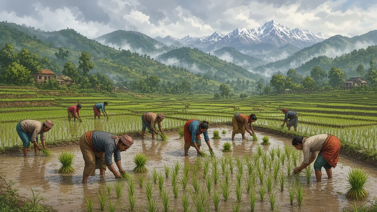 Women plant rice in the flooded field, and the oxen level the mud.