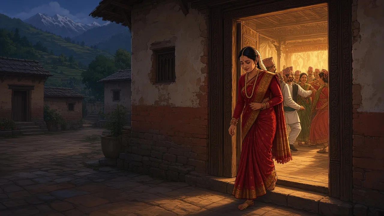 Sati turns away from a bright hall.