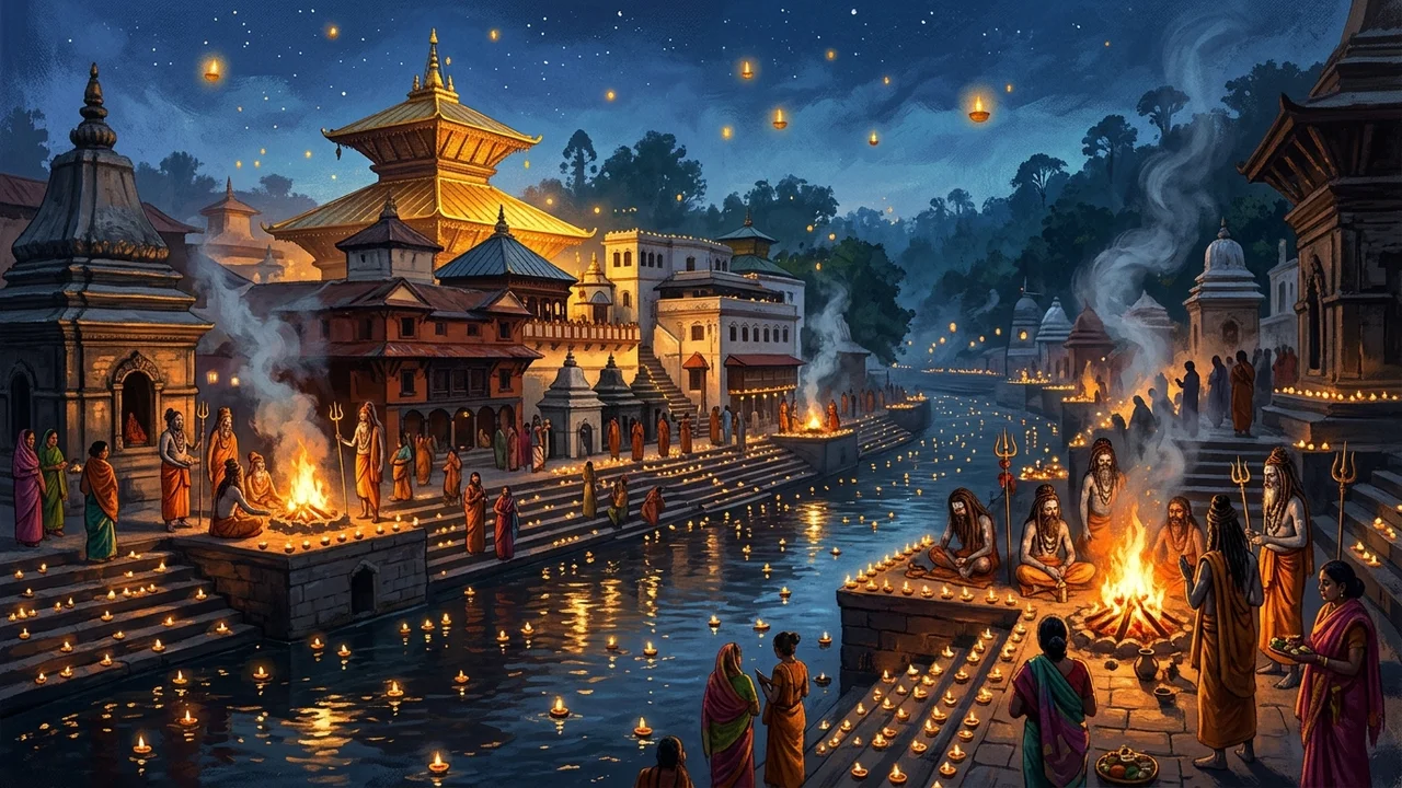 The fire burns through the night at Pashupatinath.