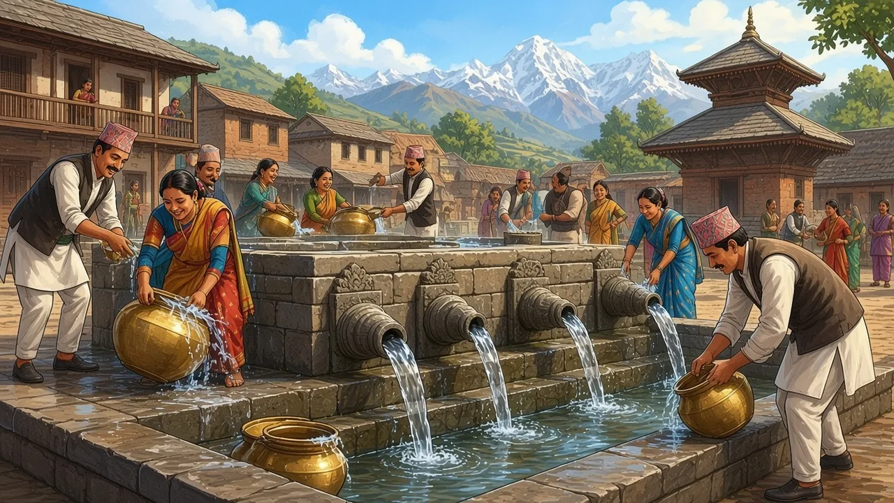Neighbors clean the stone spout, and a plate of bara sits by the water.