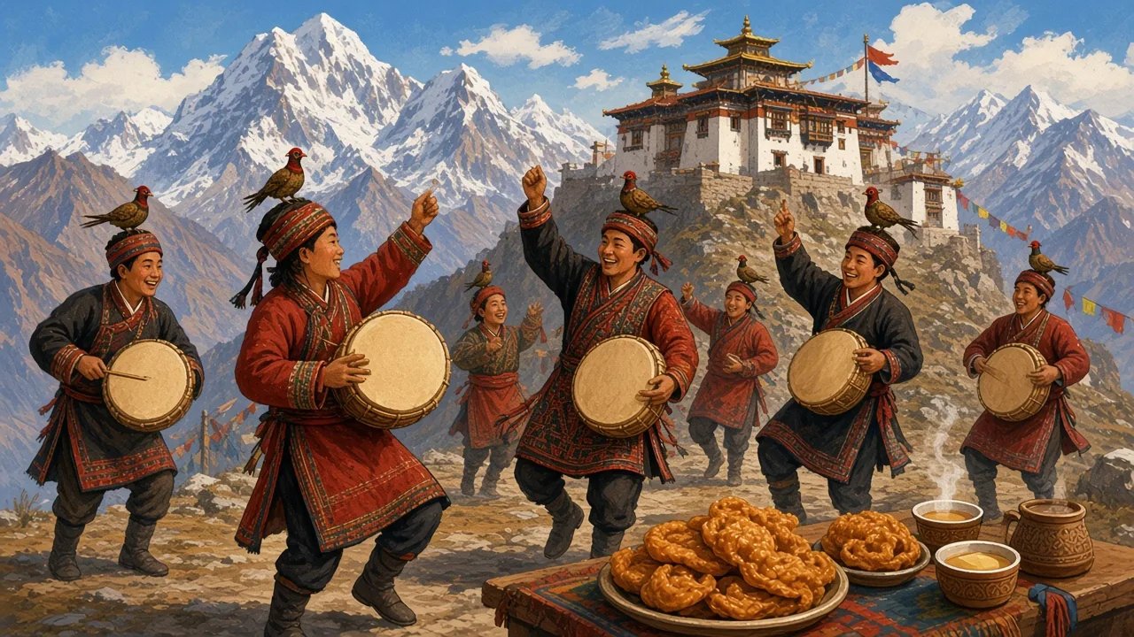 The Tamang drum leads the dance, and the monastery is behind them.
