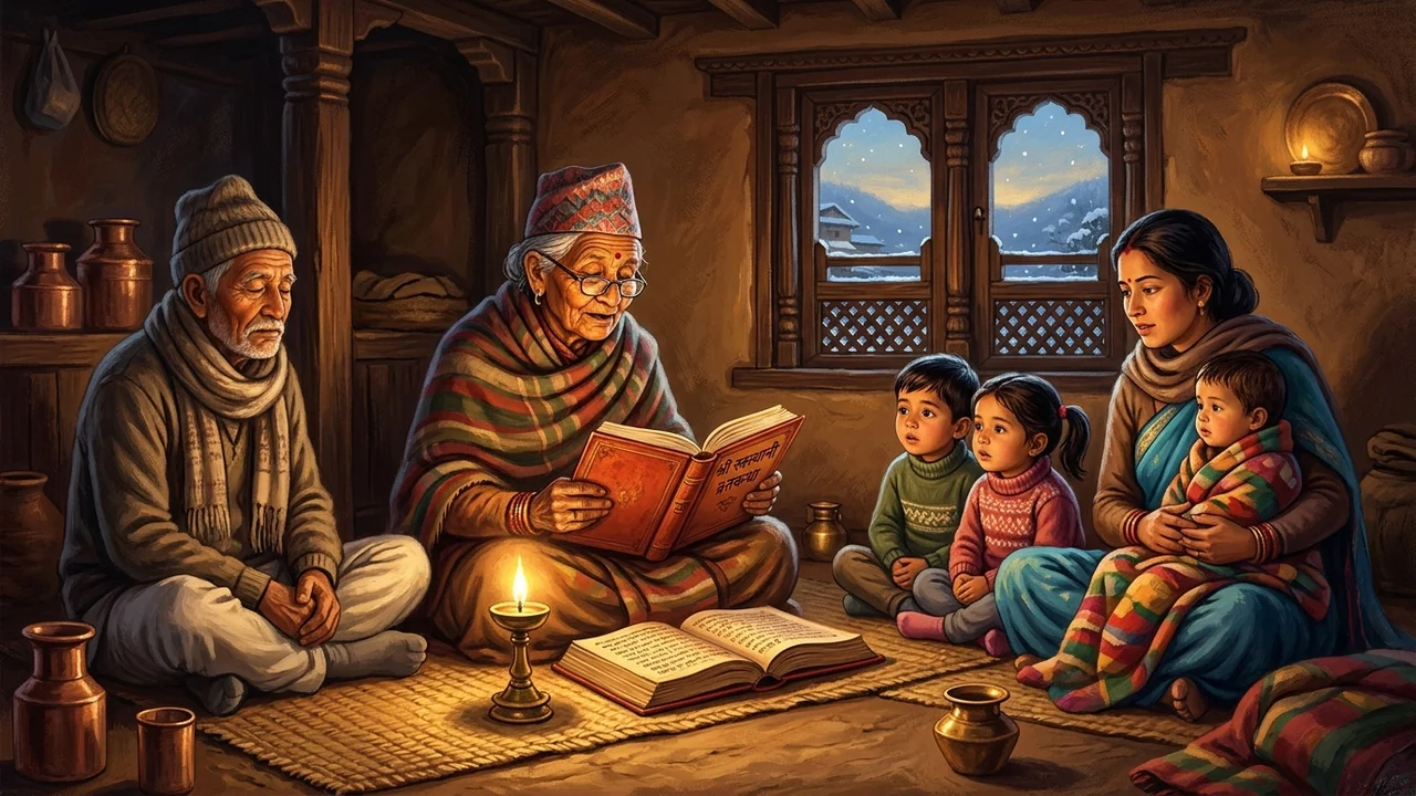 Family reading the sacred Shree Swasthani Vrata Katha pothi manuscript on a winter night