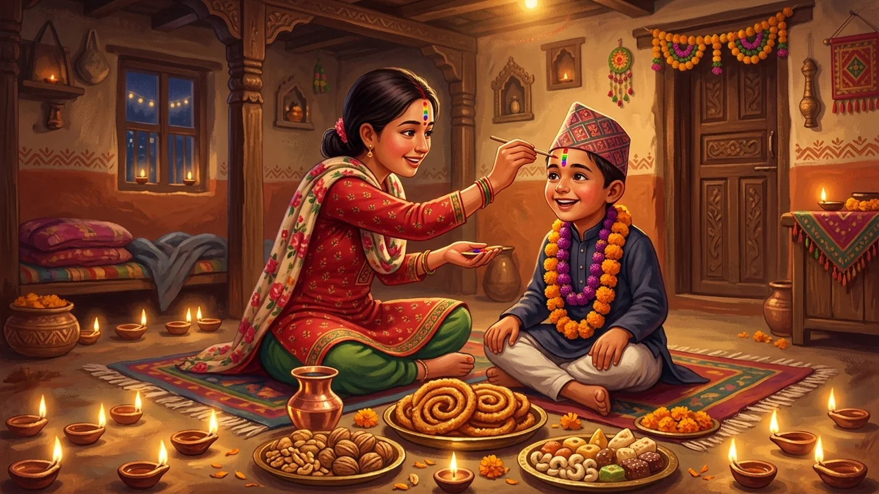 Tihar Bhai Tika festival with sister applying seven-color tika