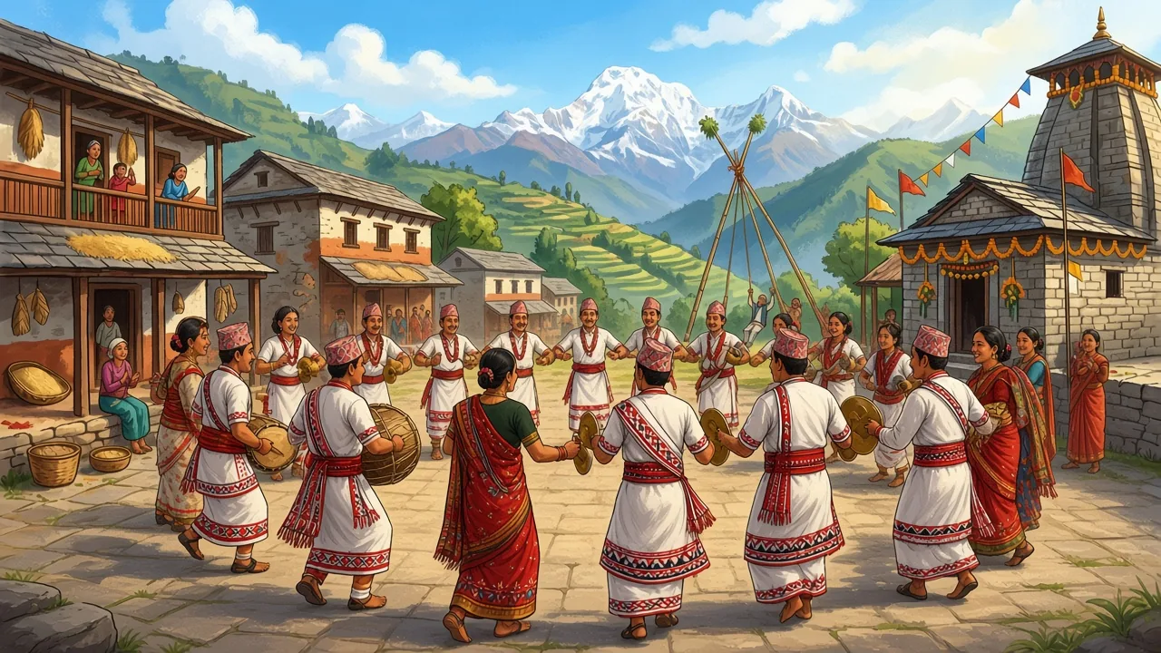 The line of dancers faces the high fields.
