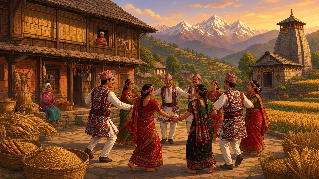 The line of dancers faces the low fields.
