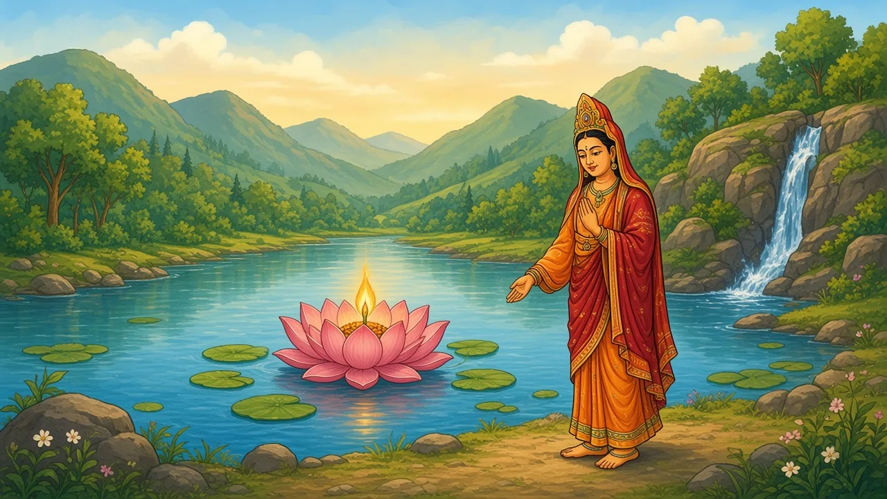 A lotus and a flame. Then a cut in the hills.