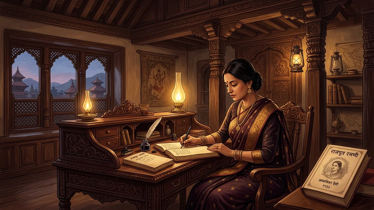 Ambalika Devi writing her historical novel Rajput Ramani at her desk