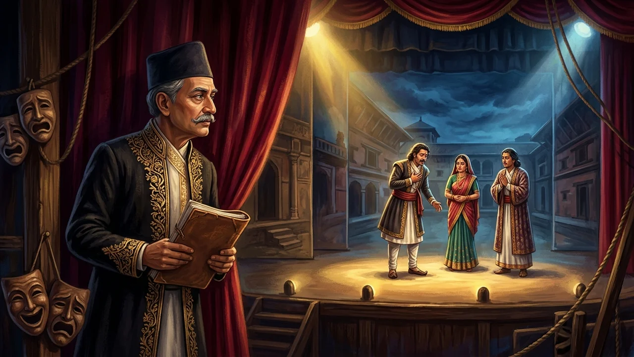Balkrishna Sama watching three actors poised on a theater stage