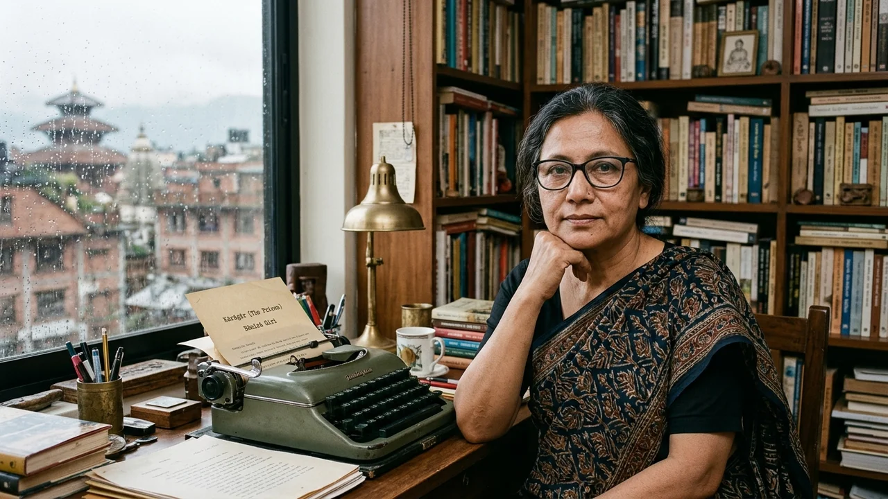Hyper-realistic portrait of Banira Giri in her book-lined study writing Karagar in Kathmandu