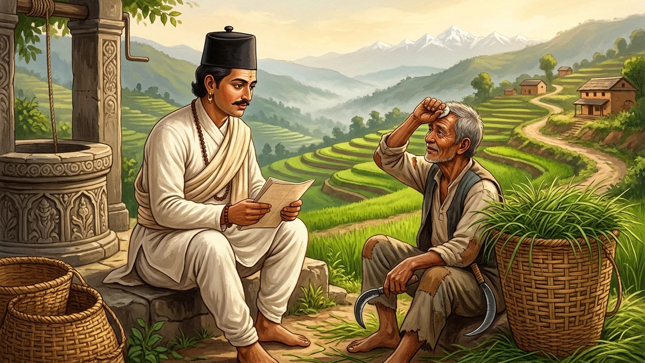 Adikavi Bhanubhakta Acharya wearing his iconic Birke Topi conversing with the grasscutter Ghasi by the stone well in Tanahun