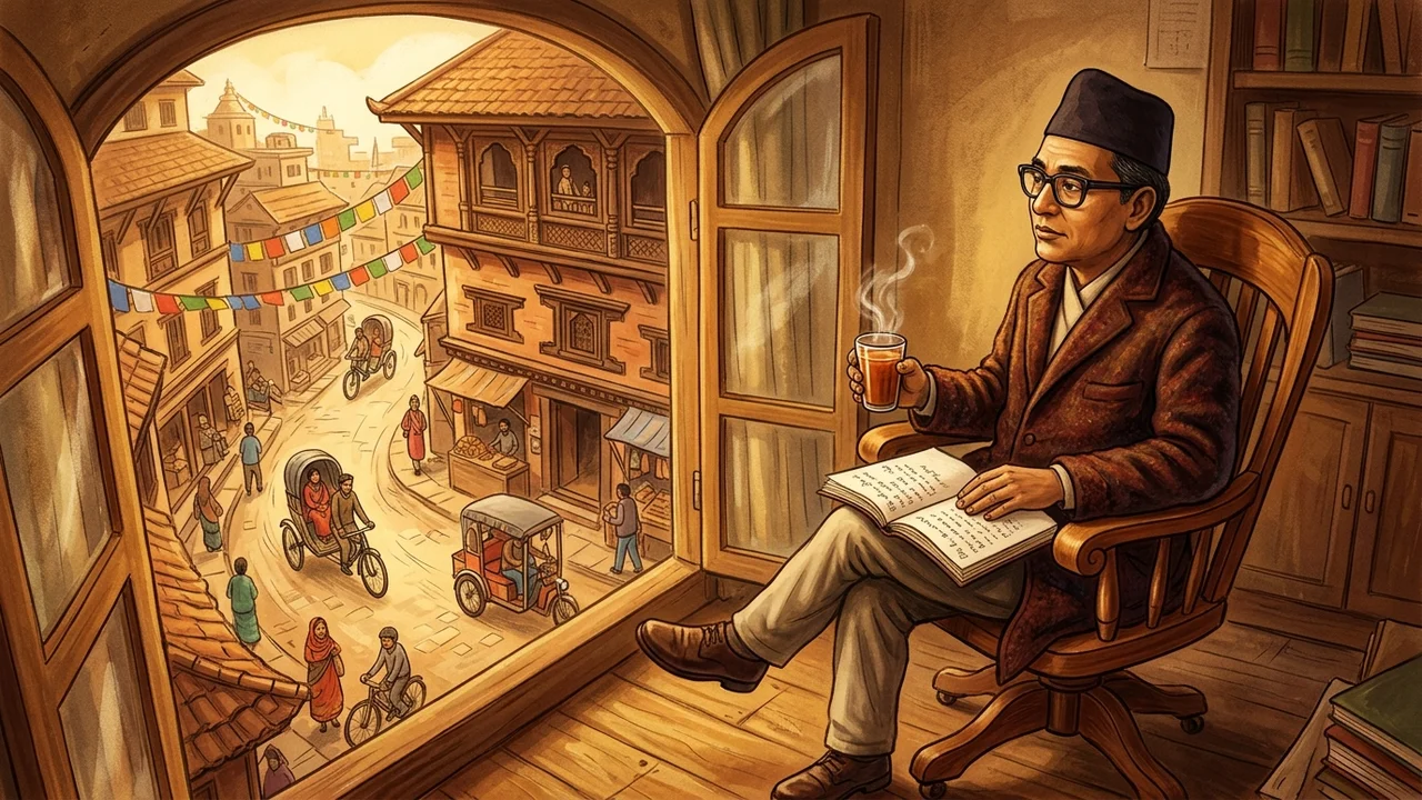 Bhupi Sherchan sitting in a revolving armchair overlooking bustling Kathmandu streets