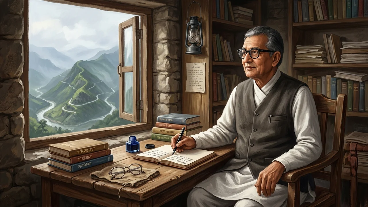 BP Koirala writing in his study with spectacles and three winding mountain turns
