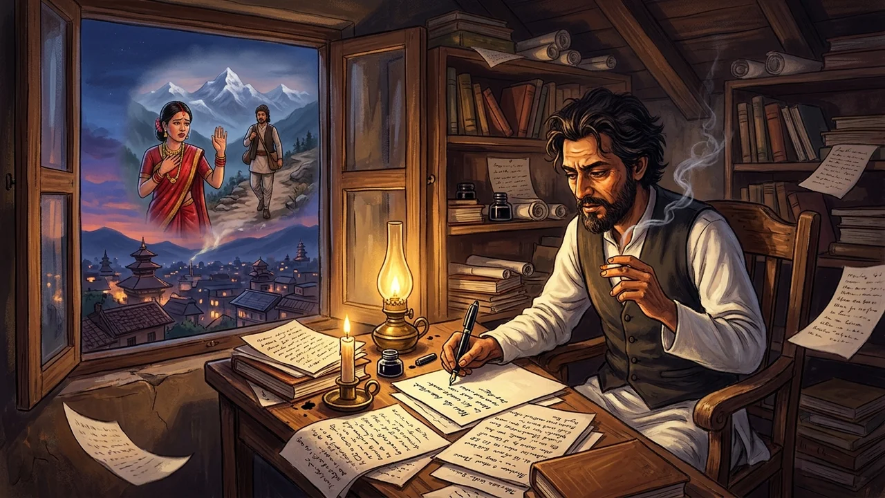 Mahakavi Laxmi Prasad Devkota writing at his desk with vision of Muna and Madan