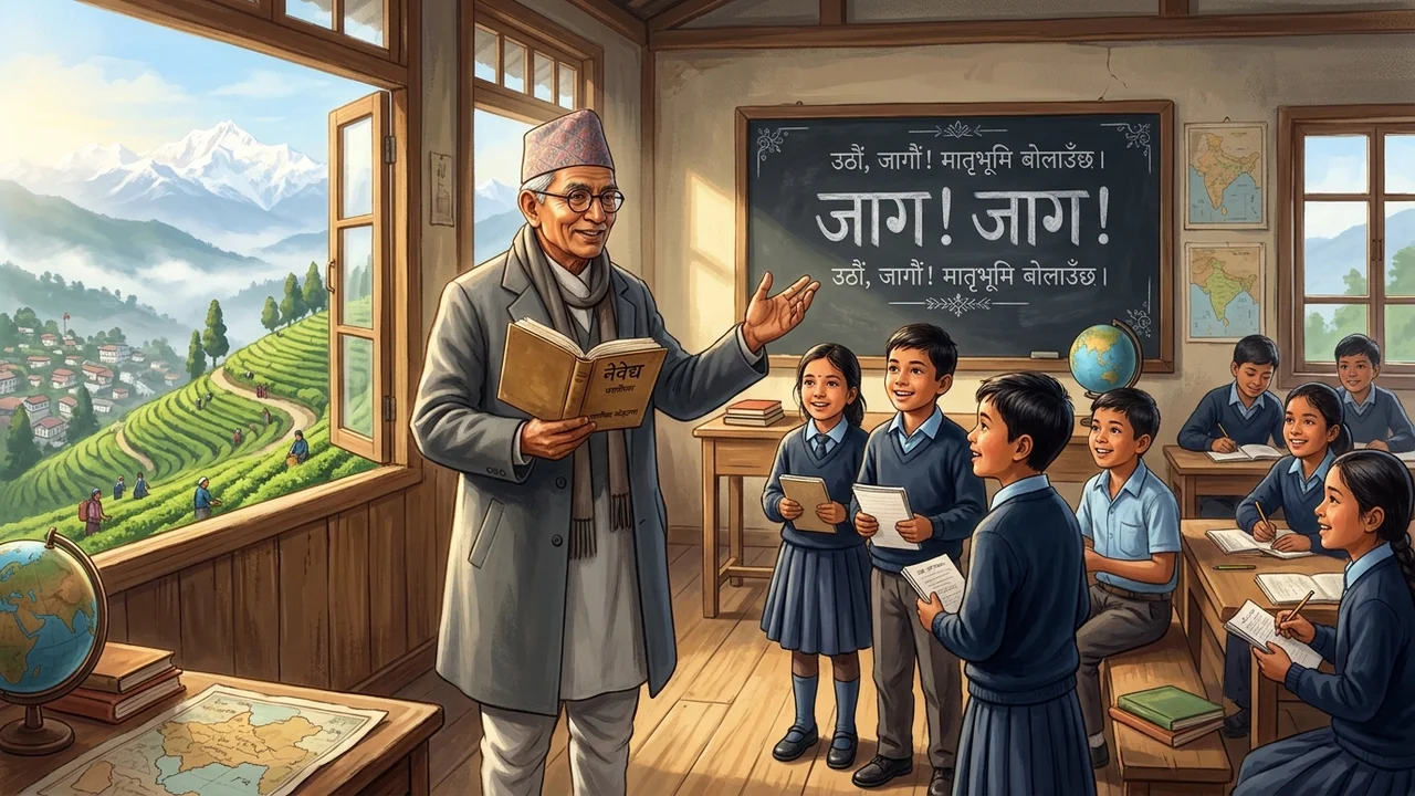 Dharanidhar Koirala teaching students in Darjeeling with Kanchenjunga behind