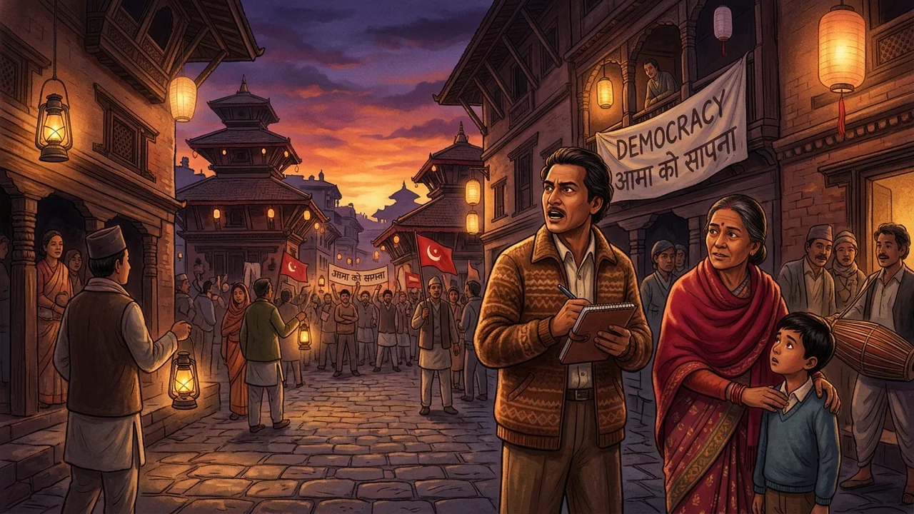 Gopal Prasad Rimal and a noble mother speaking of freedom at dusk in Kathmandu