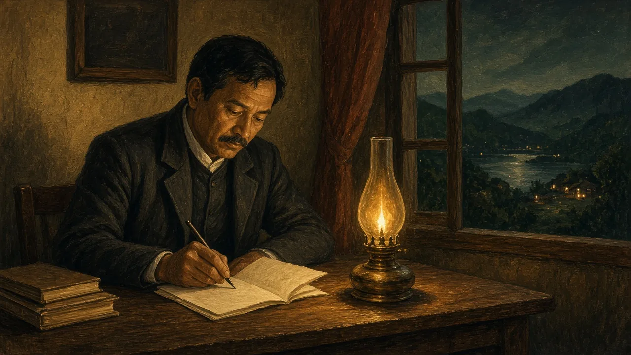 A painted picture of a man writing at a lamp-lit desk, with dark hills and a lake beyond the window