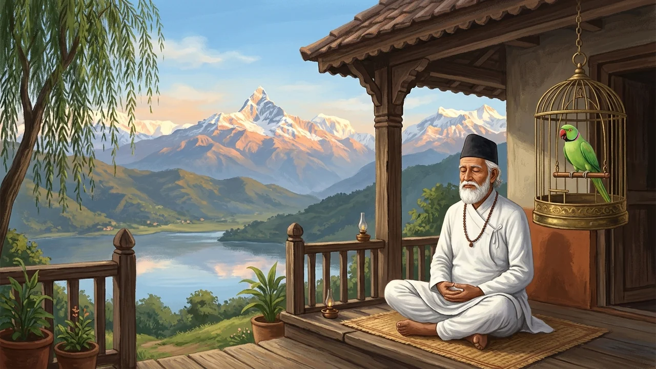 Lekhnath Paudyal looking upon the caged parrot with Annapurna mountains behind