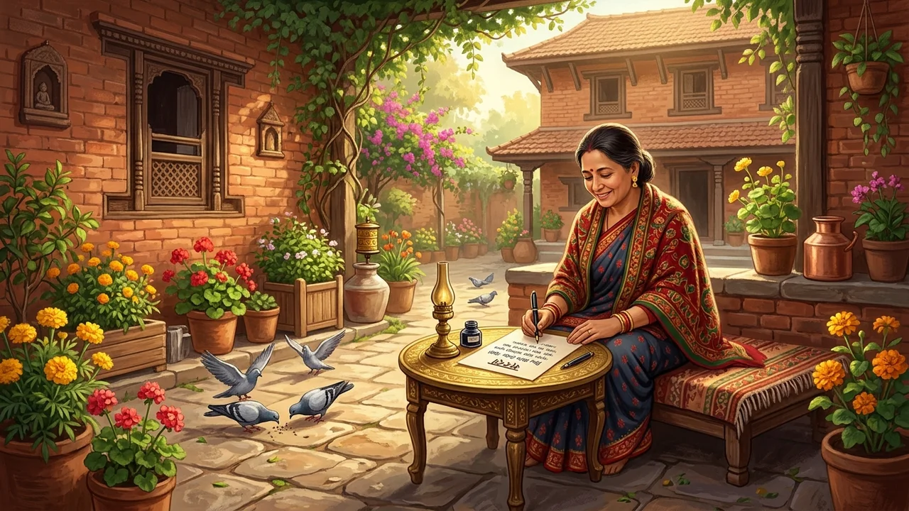 Lok Priya Devi writing a poetic letter in a sunlit Kathmandu courtyard