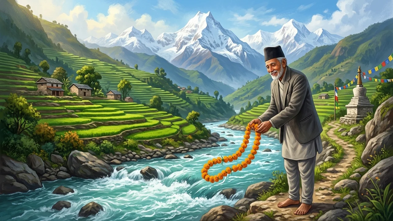 Madhav Prasad Ghimire releasing a marigold garland into Marsyangdi river with Lamjung Himal behind